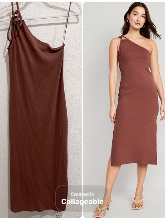 Old Navy Dresses & Skirts - Old Navy Neutral Ribbed Midi Dress One Shoulder Beach Casual Slit Contemporary